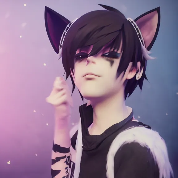 Prompt: 3D render of a cute emo anime boy with cat ears and tail, fantasy artwork, fluffy, mid-shot, award winning, hyper detailed, very very very beautiful, studio lighting, artstation, unreal engine, unreal 5, 4k, octane renderer
