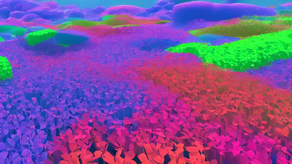 Image similar to digital illustration of a lake full of multi - colored megaflora morning glory flowers by dr. seuss, reimagined by ilm and beeple : 1 | spectral color, electric color, rolling hills : 0. 9 | fantasy : 0. 9 | unreal engine, deviantart, artstation, hd, 8 k resolution : 0. 8