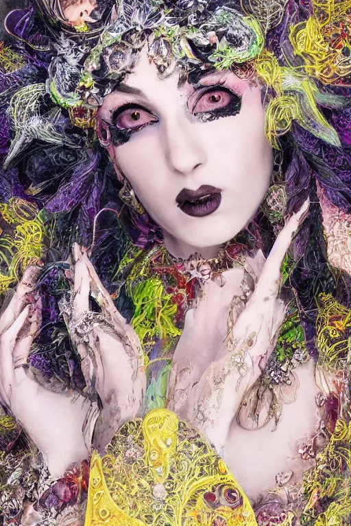 Prompt: highly detailed, digital painting of a beautiful arcane witch in a dark intricate ornate fractal-lace and gemstones mask, wearing a stunning silky bio-luminiscent neon-noir neo-goth dress, subdued dark pastel colors palette, full view, soft lighting, vivid, Hyperdetailed, 4k hd matte, 8k resolution, enchanting and otherworldly, detailed, front view, Portrait backlighting, Kodakchrome, high contrast, Gsociety, trending on ArtstationHQ, dreamscape maximized.