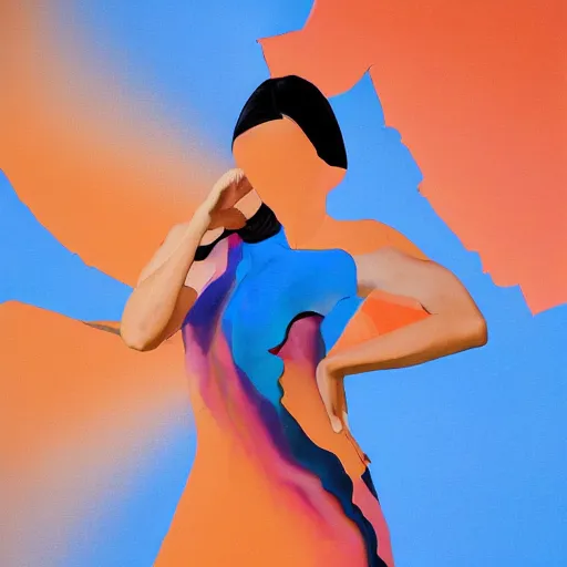 Image similar to beautiful model girl body art fabric skin turns into dress with colouful plastic bad folds heavy brushstrokes style of jonathan zawada, thisset colours simple background gradient objective light orange and blue amber colours