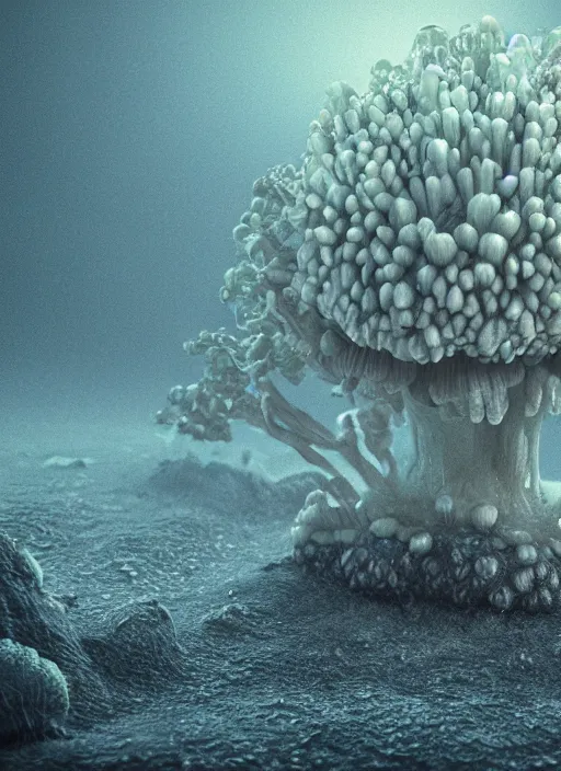 Prompt: mycelium growing into a mushroom, 3 d render in octane, glossy, fractals, beautiful lighting, fog, depth, under water, ernst haeckel