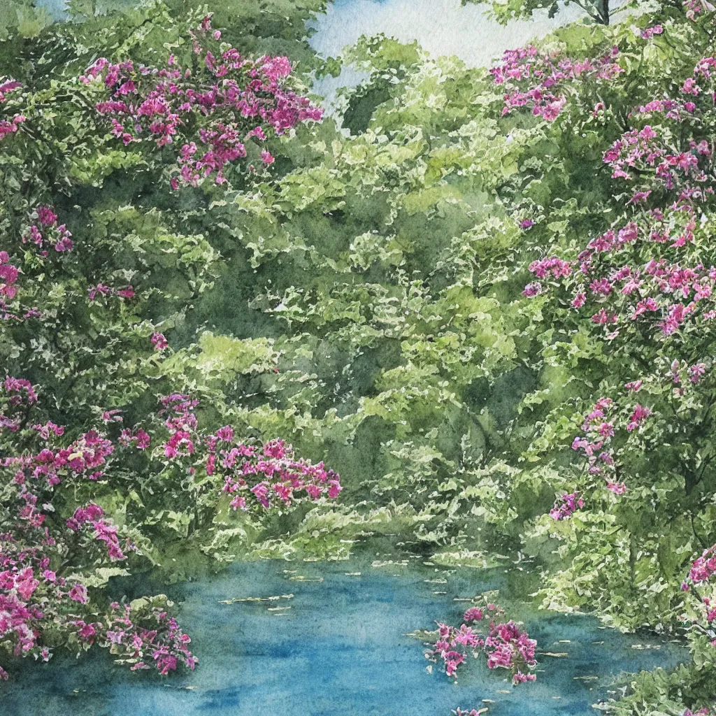 Image similar to isomeric view, delicate lake in a botanic garden, garden road, sparrows, temple in a botanical herbarium paper, watercolor colored painting, iridescent colors, 8 k, realistic shaded, fine details, artstation, italian style, colonnade, flowers, architecture, roma
