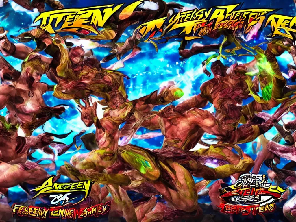 Image similar to a creative Tekken battle between two strange otherworldly dmt aliens obbsesed with arcade battles and victory.