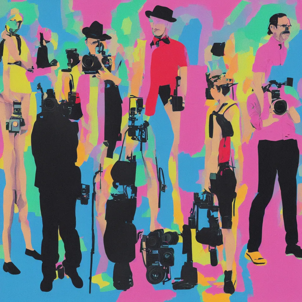 Image similar to full body portrait of a trio of european tourists with nikon cameras, rear views, character designs painting, in the style of wes anderson, rene magritte, lola dupre, david hockney, isolated on white background, dark monochrome neon spraypaint accents volumetric octane render