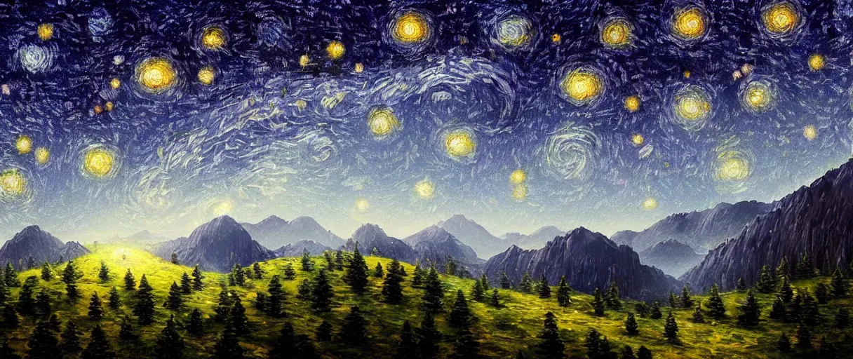 Prompt: digital painting of a ultra detailed starry night, Perseides meteor shower, ultra detailed hill top over behind a forest, large mountains in back, concept art, low angle, high detail, warm lighting, volumetric, godrays, vivid, beautiful, trending on artstation, by Jordan Grimmer, no focus, huge scene, ultra detailed trees, F11 aperture, levitating Buddhist monk dressed in yellow garment silhouette, in the style of ALBERT BIERSTADT