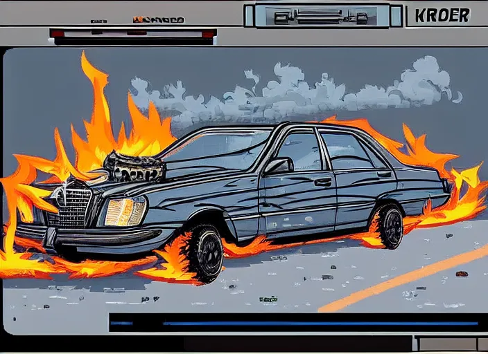 Image similar to burning wrecked mercedes 1 2 4, pixelart by kirokaze, award winning. dramatic. trending on artstation, low resolution sync, by monochrome game boy games