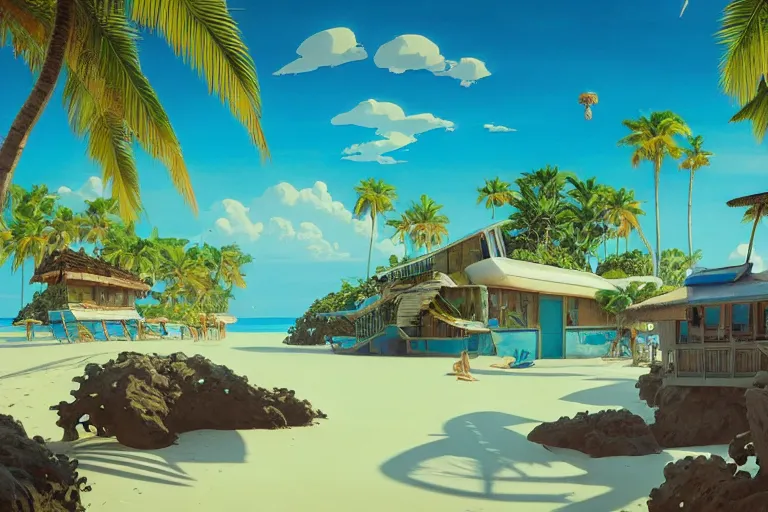 Image similar to a tropical beach cottage by paolo eleuteri serpieri and tomer hanuka and chesley bonestell and daniel merriam and tomokazu matsuyama and makoto shinkai, clearly defined outlines, unreal engine, high resolution render, featured on artstation, octane, 8 k, highly intricate details, vivid colors