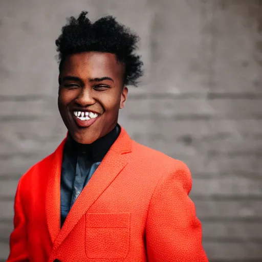 Image similar to well dressed african american male with a strange haircut and an expensive clothes smiling into the camera, f / 2. 0, photography, magazine