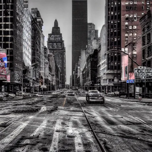 Image similar to color photograph, highly detailed abandoned New York city street at night after the war between humans and AIs, film grain, soft vignette, Canon EOS Digital Rebel XTi, 100-300mm Canon f/5.6, Exposure time: 1/160, ISO 400