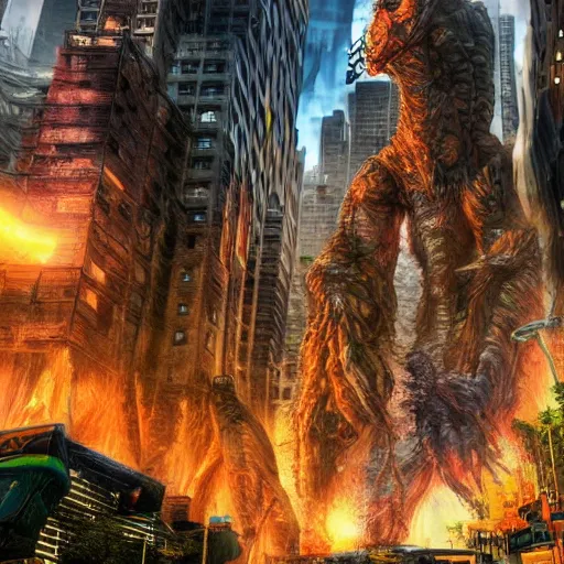 Image similar to destructive giant monsters in the city, photorealistic, highly detailed, sharp focus, vivid, colorful, symmetrical, random, convoluted, mind - blowing, creative, fully functional, end of the world, physics defying, amazing, cool