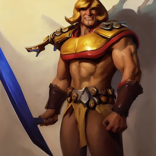 Image similar to greg manchess portrait painting of gorgeous he - man the master of the universe as overwatch character, medium shot, asymmetrical, profile picture, organic painting, sunny day, matte painting, bold shapes, hard edges, street art, trending on artstation, by huang guangjian, gil elvgren, ruan jia, greg rutkowski, gaston bussiere