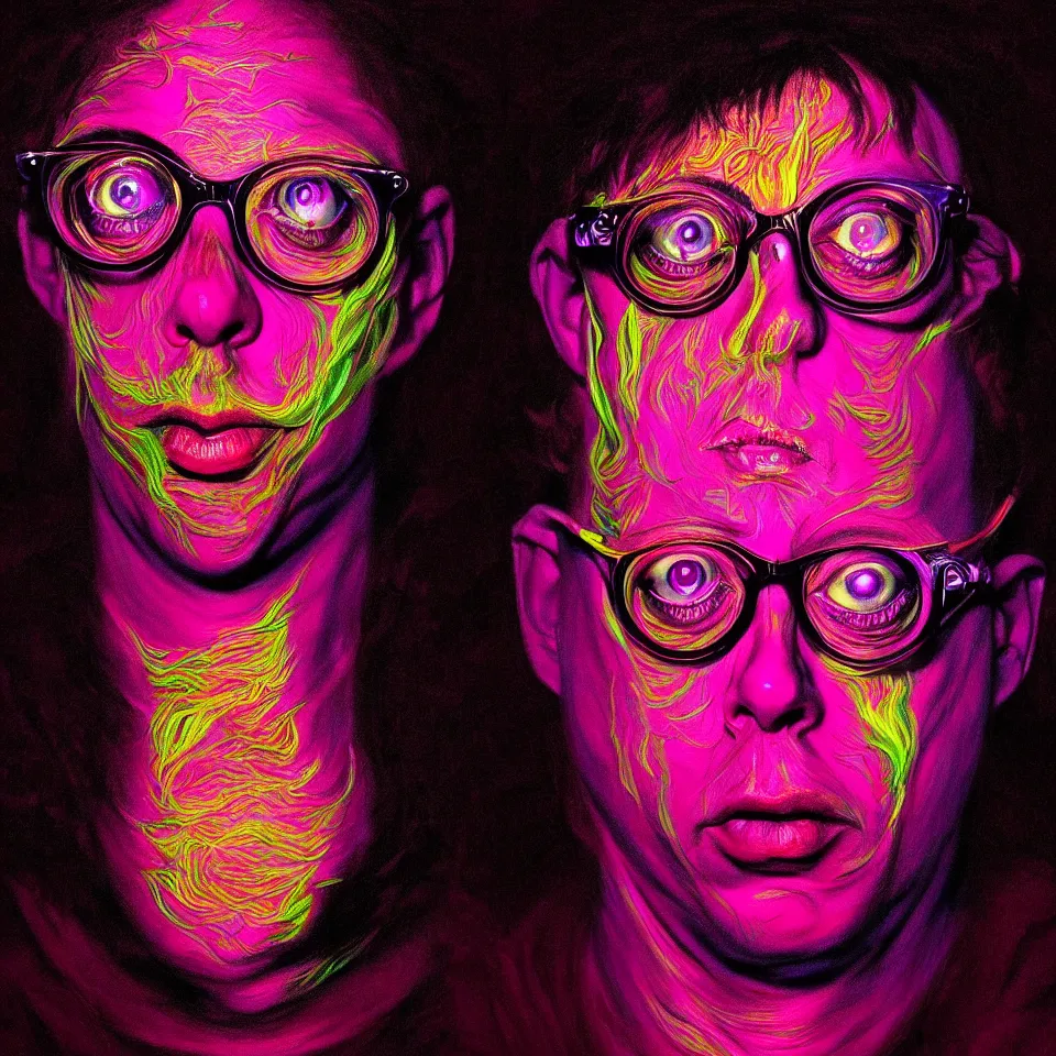 Image similar to bright psychedelic todd solondz turning into god and satan, diffuse lighting, fantasy, intricate, elegant, highly detailed, lifelike, photorealistic, digital painting, artstation, illustration, concept art, smooth, sharp focus, art by francis bacon