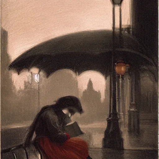 Image similar to a girl reading book, hair flowing down, city park, street lights, contrast, dramatic, by Edouard Bisson