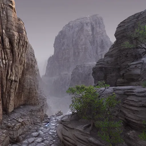 Prompt: pathway canyon in between mountains, unreal engine, high detail, realism, award winning, mist, detailed lighting