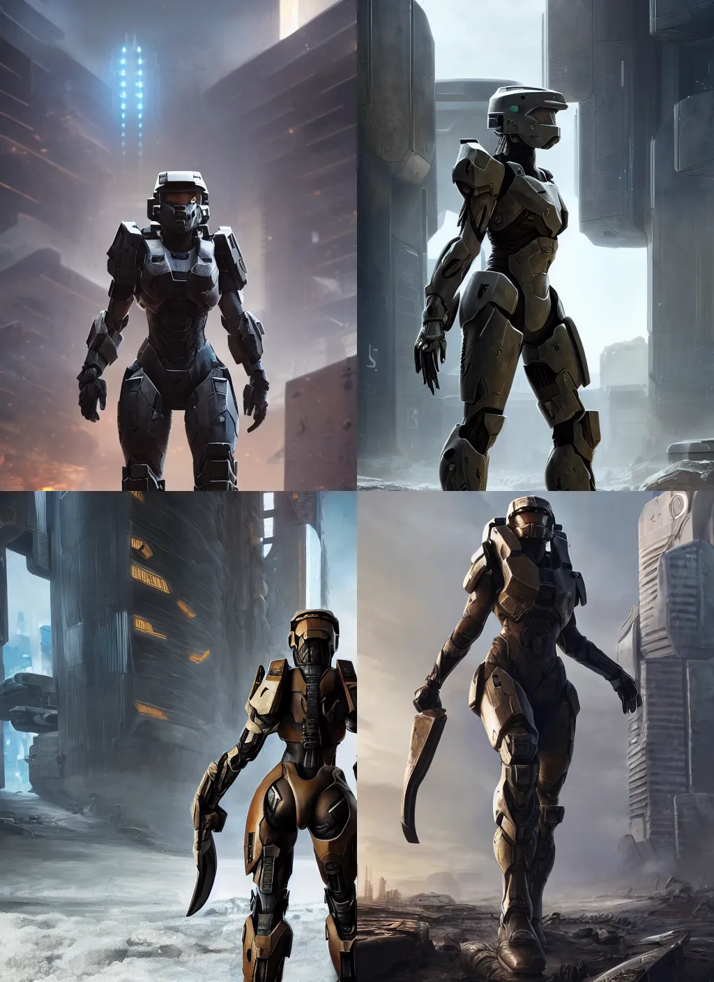 Prompt: a big female warrior walking in a cyberpunk wasteland facing the camera, mjolnir armor from halo infinite, no helmet!!!!, ultra realistic, very highly detailed, 8K, octane render, Digital painting, concept art, illustration, sharp focus, centered, good value control, realistic shading, rational painting, rubber undersuit