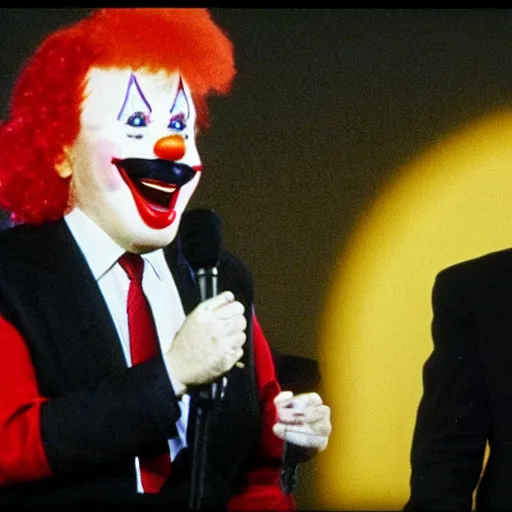 Image similar to photo of an 8 0's television with a president that has a clown face giving a speech