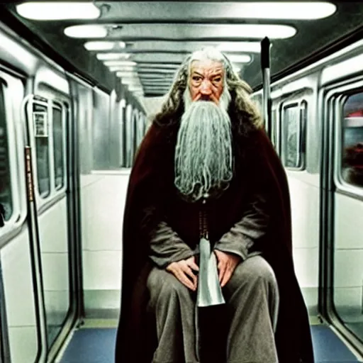 Image similar to gandalf riding the subway