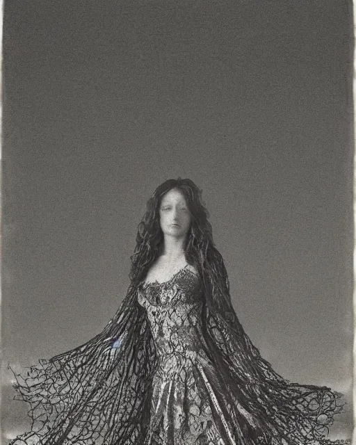 Prompt: an woman standing on a beach, made of intricate decorative lace leaf skeleton, in the style of the dutch masters and gregory crewdson, dark and moody