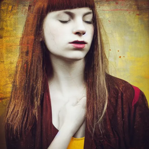 Image similar to a photo of a young woman. moody and melanchonic. red, yellow