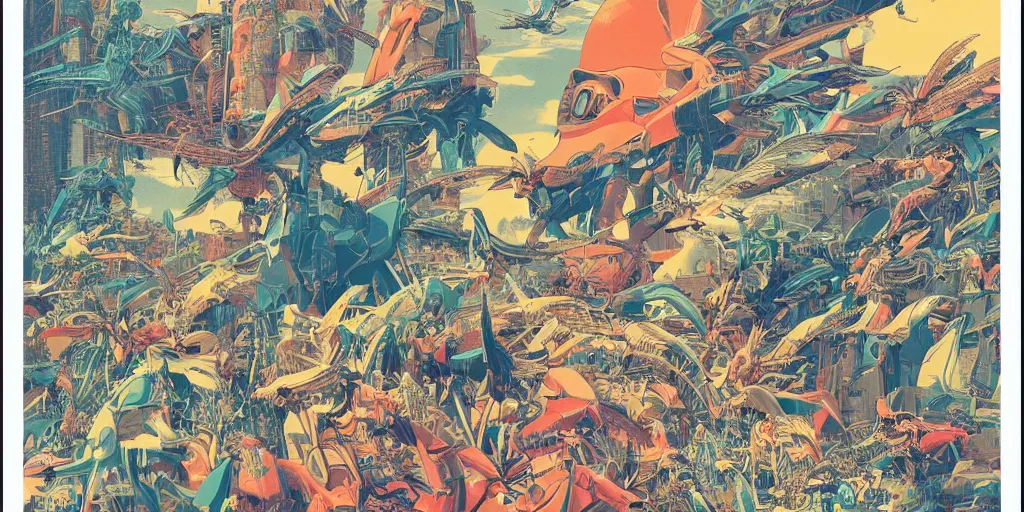 Image similar to risograph rendition, gigantic mecha arzach birds with dragonflies, tiny rats, a lot of exotic animals around, big human faces everywhere, helicopters and tremendous birds, by satoshi kon and moebius, matte bright colors, surreal design, crispy, super - detailed, a lot of tiny details, fullshot