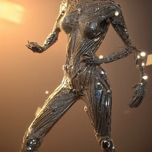 Image similar to full body detailed, ethereal chrome dress, biomechanical, covered in diamonds and other gems glowing, highly detailed face, elegant posed, intricate, extremy detailed, beeple, cgsociety, 3 d unreal engine octane render. cinematic lighting, highly detailed 4 k art