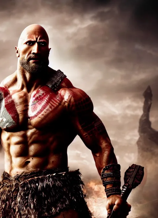 Prompt: film still, a highly detailed beautiful closeup photo of dwayne johnson kratos hybrid god of war holding a sword and fighting zombies on a pile of human skulls, spartan warrior, olympian god, muscular!,, action pose, ambient lighting, volumetric lighting, octane, fantasy