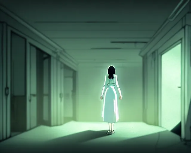 Prompt: creepy woman wearing white dress standing in the backrooms, psychological horror, the eerie forlorn atmosphere of a place that's usually bustling with people but is now abandoned and quiet, buzzing fluorescent lights above the ceiling, unsettling images, liminal space, dark, art by makoto shinkai