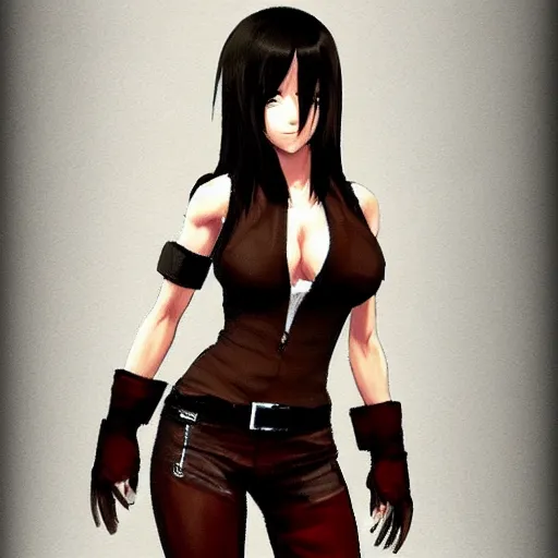 Image similar to full body shot of tifa lockhart with black hair, red eyes, concept art trending on artstation