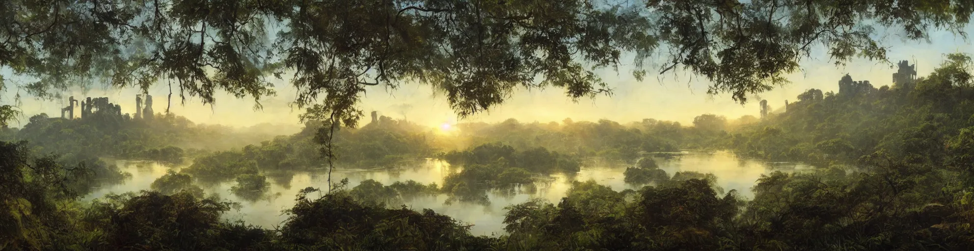 Prompt: panorama,backlight of jungle , bridge , gravyard ,castle ruins ,over lake ,cyan mist, cinemascope ,sunset ,extremely textured gritty , oil painting by frazetta