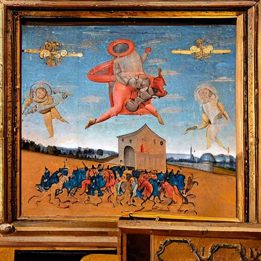 Image similar to 15th century European painting of a high-tech and large scale alien abduction happening over a field