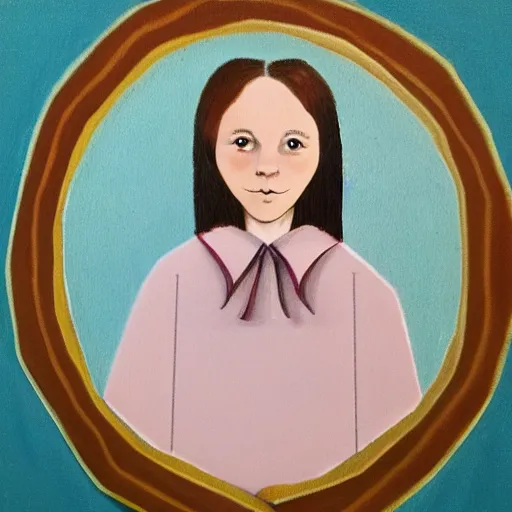 Prompt: symmetry portrait of welsh brunette student by herself in the style of brenda chamberlain