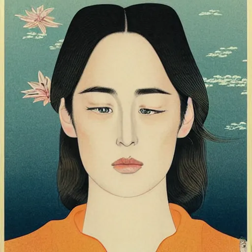 Image similar to “ dakota johnson portrait by ikenaga yasunari and ayana otake and ko rakusui, 6 0 s poster, drawing, realistic, sharp focus, japanese, dreamy, nostalgia, faded, golden hues, floral clothes, porcelain skin ”