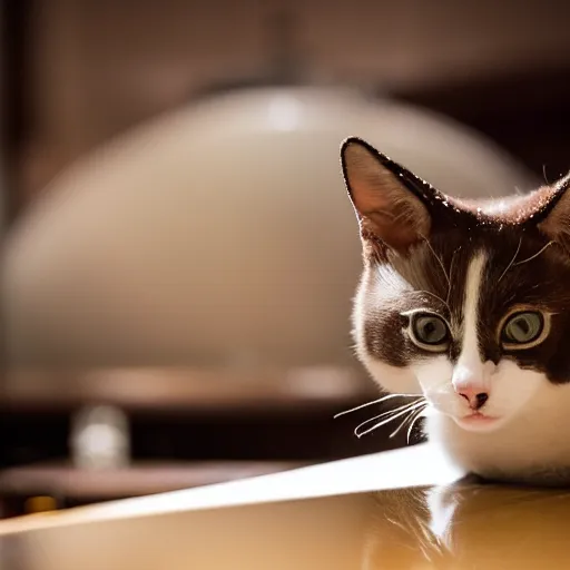 Prompt: cute snowshoe cat taking a nap at the bar, cinematic lighting,