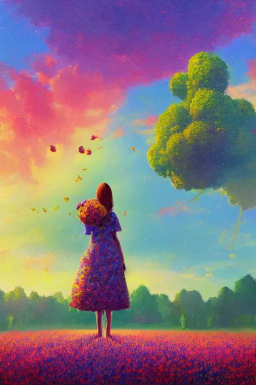 Image similar to girl with huge flower as a face, standing in a flower field, big trees, sunrise dramatic light, impressionist painting, colorful clouds, digital painting, pointillism, artstation, simon stalenhag