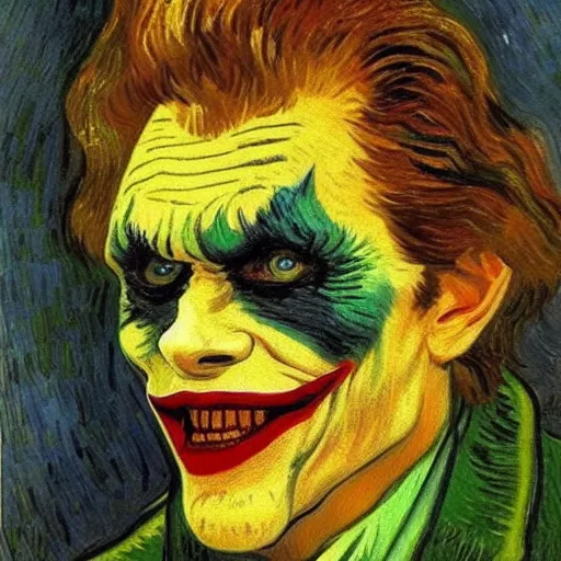 Image similar to Painting of Willem Dafoe as the Joker, by Vincent van Gogh