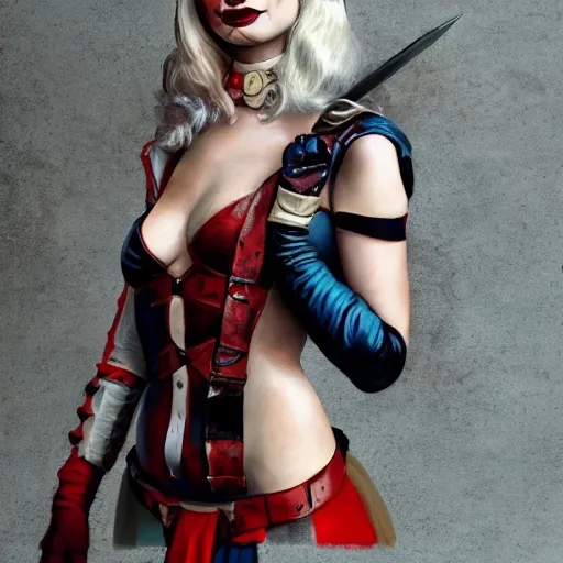 Image similar to Margot Robbie dressed as Medieval Harley Quinn, portrait, playful, fantasy, medieval, beautiful face, vivid colrs, elegant, concept art, sharp focus, digital art, Hyper-realistic, 4K, Unreal Engine, Highly Detailed, HD, Dramatic Lighting by Brom, trending on Artstation,