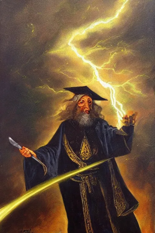 Prompt: oil painting of a wizard holding a sword that’s getting shocked by lightning towards the sky