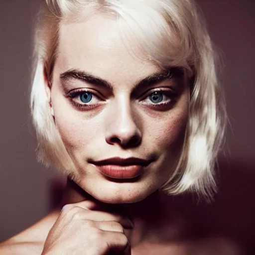 Image similar to photo of margot robbie, full platinum blond, pale skin, freckle, by diane arbus, realistic, high detail, high quality, trending on pinteresst