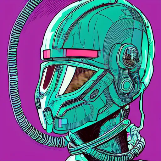 Prompt: “in the style of josan Gonzalez a young brown skinned cyberpunk teenager wearing a futuristic helmet looking content, highly detailed”