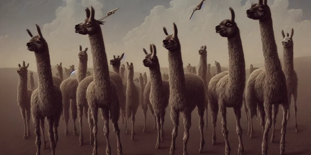 Image similar to a gang of llama banditos, fantasy, intricate, artstation, sharp focus, digital art, zdzisław beksinski, gustave dore, caravaggio, abduzeedo