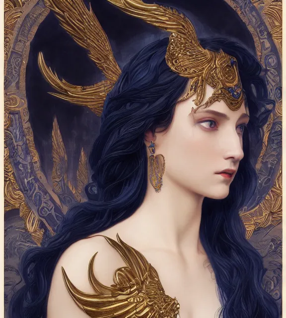 Image similar to god of death, in the underworld, elegant dark blue dress, very detailed, throne, very intricate details, jewelry, delicate tattoos, elaborate long hairstyle, wings, cinematic, artstation, william bouguereau, alphonse mucha, greg rutkowski, rossdraws, octane render