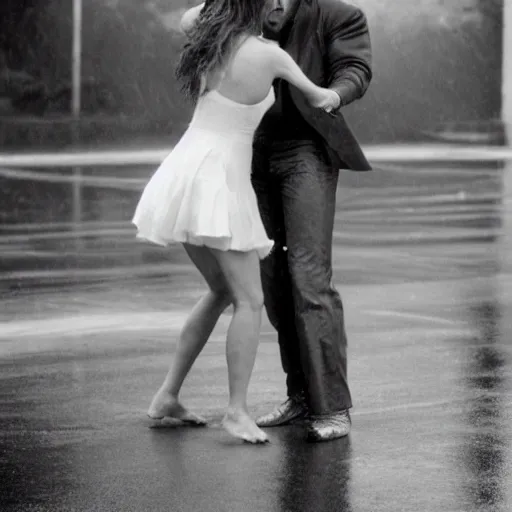 Prompt: portrait shot of young arnold schwarzenegger holding tight in love dancing in the rain with jennifer lawrence beautiful short dress, wet, 5 0 mm kodak, beautiful light, best lense 9 0 s romantic comedy, 4 k