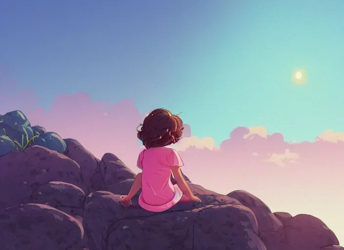 Image similar to little girl with short wavy curly light brown hair sitting on a rock. background pink and blue sunrise. clean cel shaded vector art. shutterstock. behance hd by lois van baarle, artgerm, helen huang, by makoto shinkai and ilya kuvshinov, rossdraws, illustration, art by ilya kuvshinov
