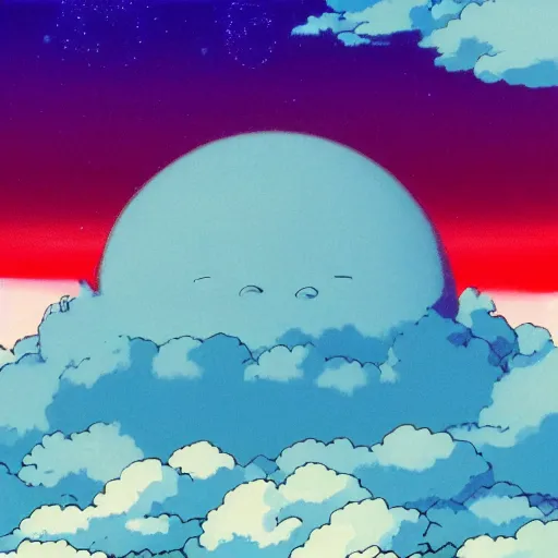 Image similar to atomic nucleus surrounded by clouds, energetic hope, studio ghibli