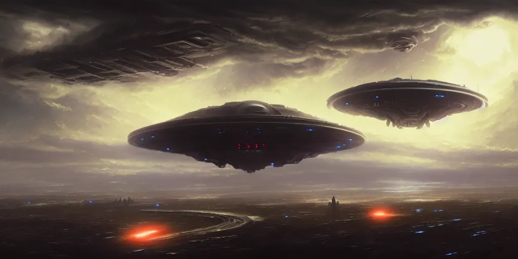 Image similar to alien mothership hovering in the sky above city, ultra high definition, sci - fi, fantasy, by greg rutkowski