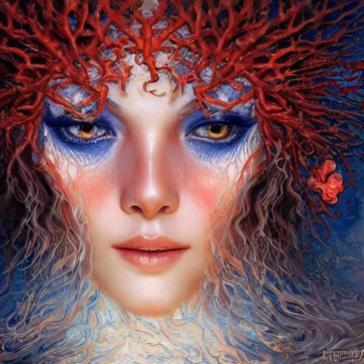 Image similar to a beautiful coral manipulating water by karol bak, ayami kojima, artgerm, river, water, blue eyes, smile, concept art, fantasy