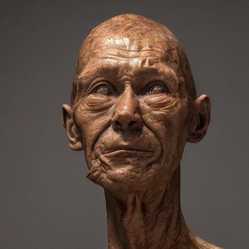 Image similar to hyperrealistic sculpture of a fossilized bronze chinese prisoner by ron mueck and duane hanson and giacometti and elizabeth frink, patina, hyperrealistic dramatic lighting 8 k