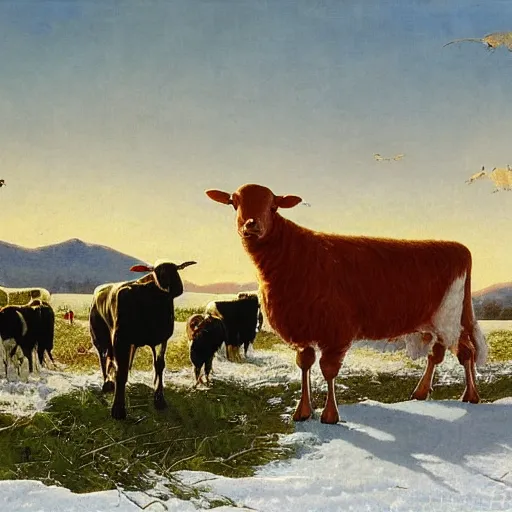 Image similar to feeding the animals at sunrise, dog, cows, sheep, chickens, ducks,, 4 k, ranch the morning after a light snowfall, by bob ross and norman rockwell