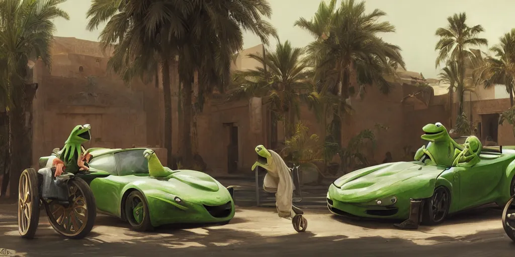 Prompt: kermit driving a car, wlop, moroccan city, mosque, palm trees, redneck country, style in digital painting, concept art, smooth illustration, by ruan jia and mandy jurgens and william - adolphe bouguereau, artgerm