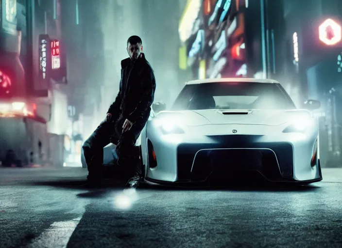 Image similar to Bladerunner2049 street racing man leaning cool pose on his white sports car with red emissives volumetric lighting Cyberpunk RTX ray marching street atmospheric cinematic screen cap street Tokyo slightly foggy Ryan Church Roger Deakins RX7 FD S15 GTR R35 Nismo